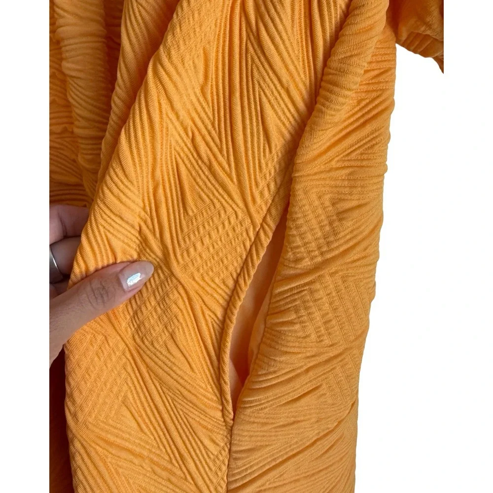 Free People Orange Textured Puff Sleeve Tie Back Mini Dress Small OB1140618